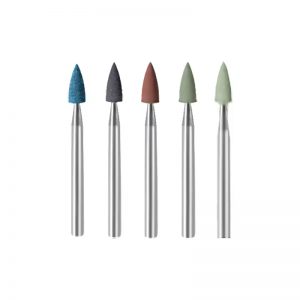 EVE® EVEFLEX 3.3x7.5mm silicone polishing burs in deep blue, black-gray, reddish-brown, grass green, and light green