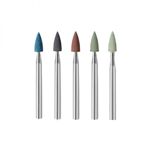 EVE® EVEFLEX 3.3x7.5mm silicone polishing burs in deep blue, black-gray, reddish-brown, grass green, and light green