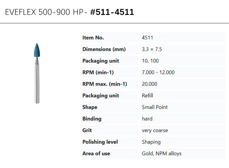 EVE® EVEFLEX 3.3x7.5mm very coarse silicone polishing bur, #511-4511, blue. For shaping gold and NPM alloys