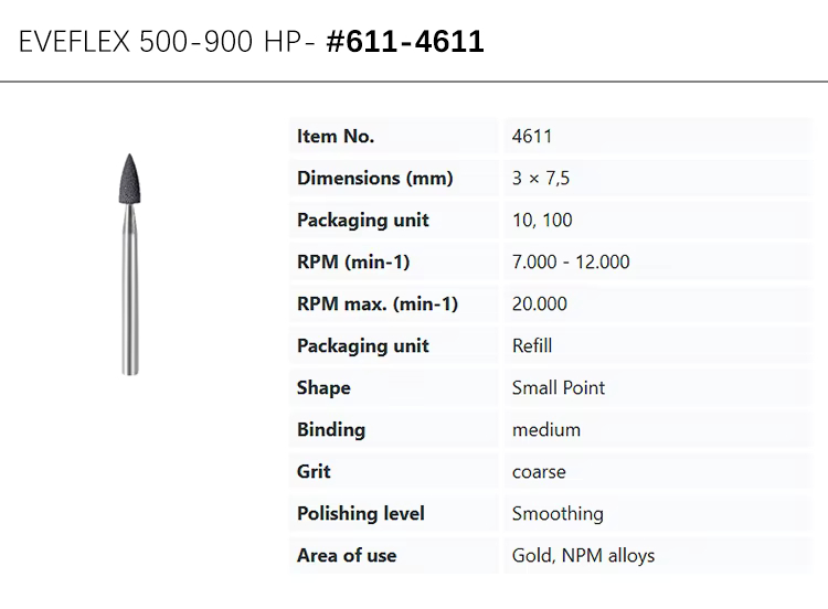 EVE® EVEFLEX 3.7x7.5mm coarse silicone polishing bur, #611-4611, gray-black. For smoothing gold and NPM alloys