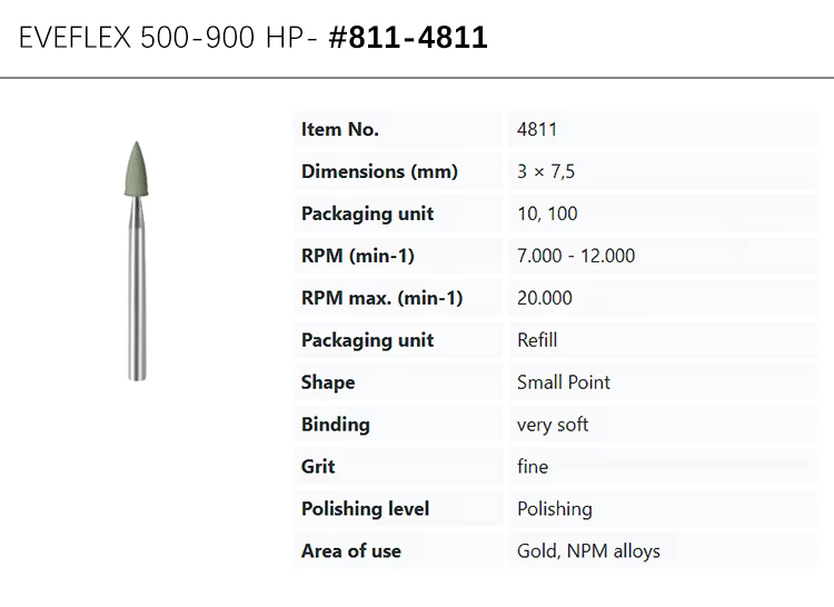 EVE® EVEFLEX 3.7x7.5mm fine silicone polishing bur, #811-4811, green. For polishing gold and NPM alloys