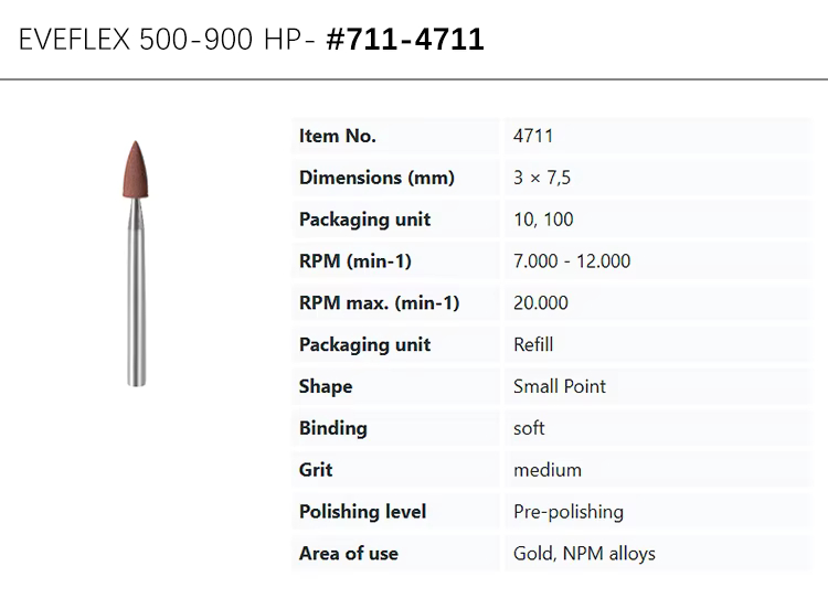 EVE® EVEFLEX 3.7x7.5mm medium silicone polishing bur, #711-4711, brown-red. For pre-polishing gold/NPM alloys