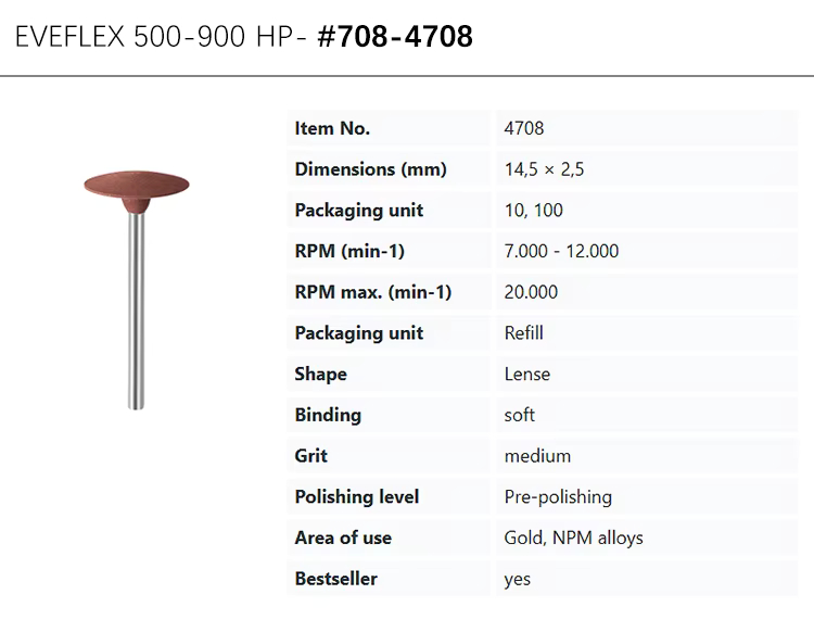 EVE® EVEFLEX 500-900 HP #708-4708, reddish brown, medium grit, soft binding, pre-polishing for gold/NPM alloys