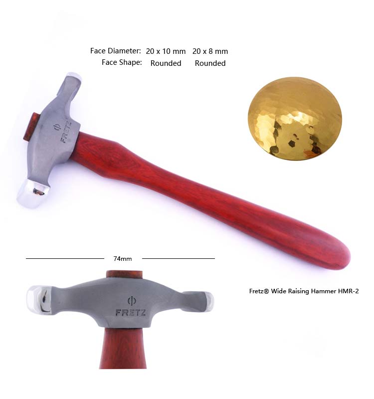 fretz hmr 2 wide raising hammer detailed with dimensions rounded faces and an example of hammered metalwork