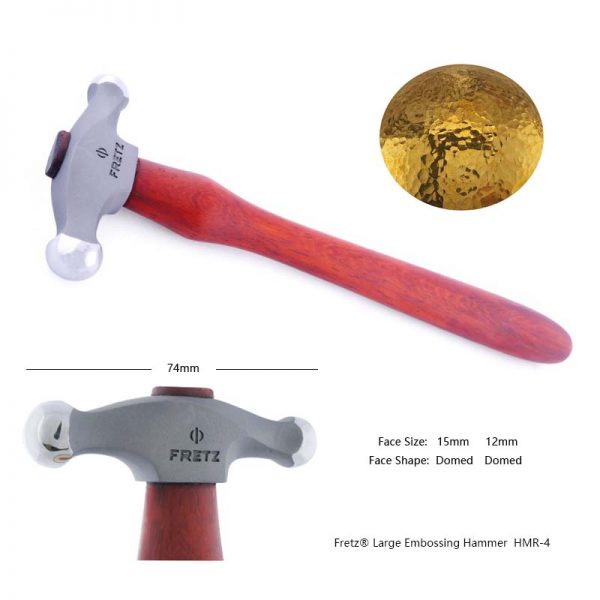 fretz large embossing hammer hmr 4 showing dimensions domed faces and a sample of hammered metal texture