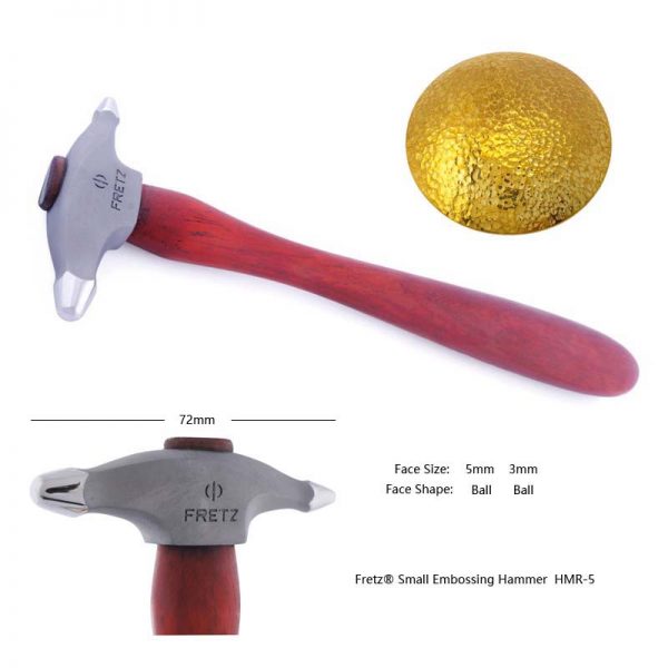 Fretz® Small Embossing Hammer HMR-5, showing dimensions, ball faces, and a hammered metal sample
