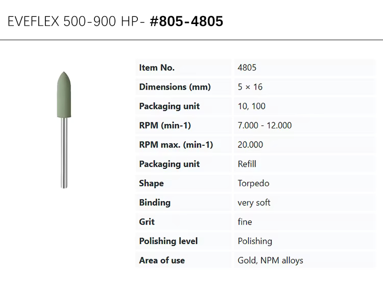 Green EVE® EVEFLEX TECHNIK 500#-900# Silicone Polisher 5x16MM #805-4805, fine grit
