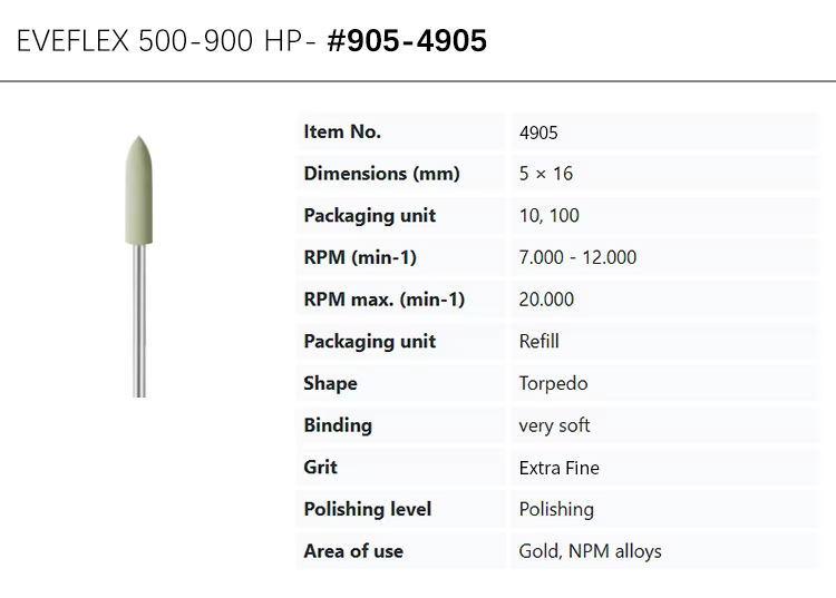 Light green EVE® EVEFLEX TECHNIK 500#-900# Silicone Polisher 5x16MM #905-4905, extra fine