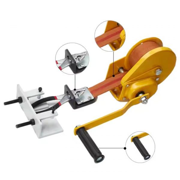manual wire drawing bench showing magnified details of the wire grip mechanism and the handle for clear assembly