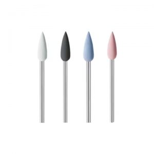 Set of four EVE® Universal Mounted Silicone Point Polishers 5.5x15MM in white, black, blue, and pink