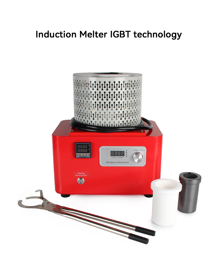 A 220V desktop jewelry induction melting furnace with IGBT technology, a crucible, and tongs