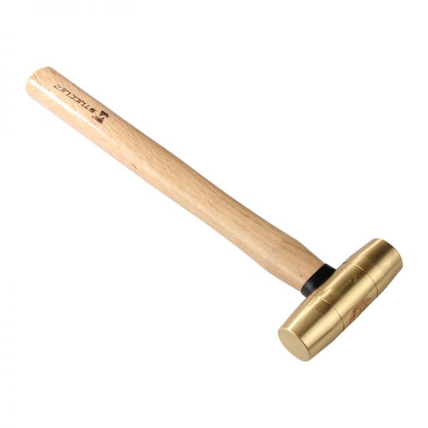 A Stuccler 1lb brass mallet shown from a different angle, highlighting the wooden handle and brass head