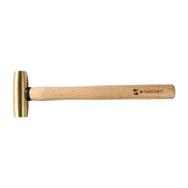 A Stuccler 1lb jeweler's brass mallet with a wooden handle, shown horizontally against a clean white background