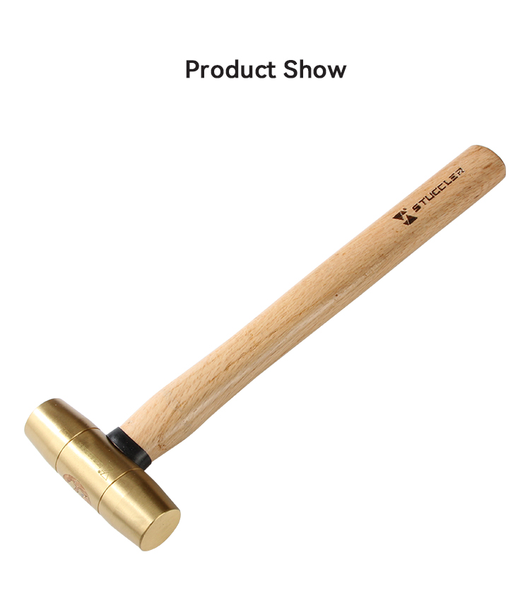 A Stuccler jeweler's brass mallet featuring a brass head and wooden handle, angled for a product showcase