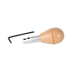 A Stuccler lightweight aluminum graver handle with a wooden grip and the included Allen wrench, shown from the side