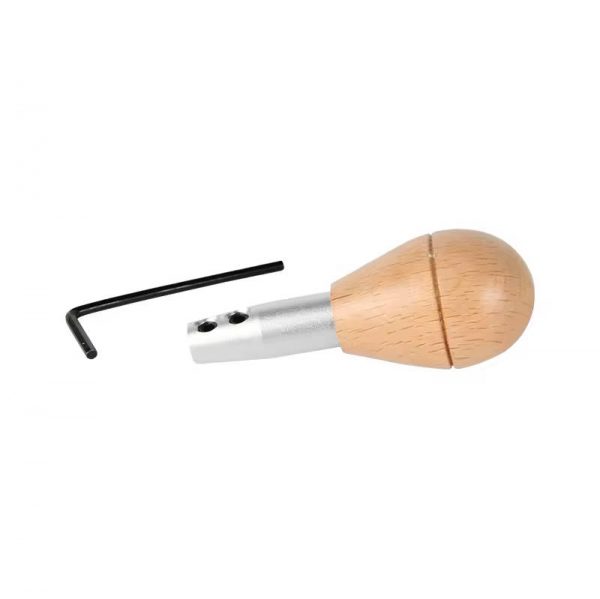 A Stuccler lightweight aluminum graver handle with a wooden grip and the included Allen wrench, shown from the side