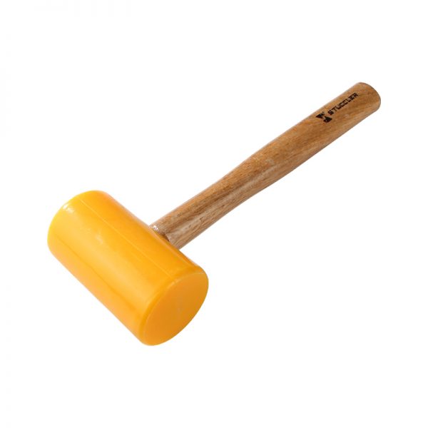 A Stuccler polyurethane mallet with a bright yellow head and a light-colored wooden handle, viewed from an upper angle