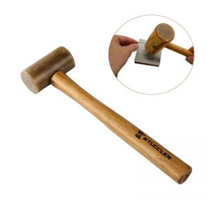 A Stucler rawhide mallet next to an inset image showing its use for shaping metal