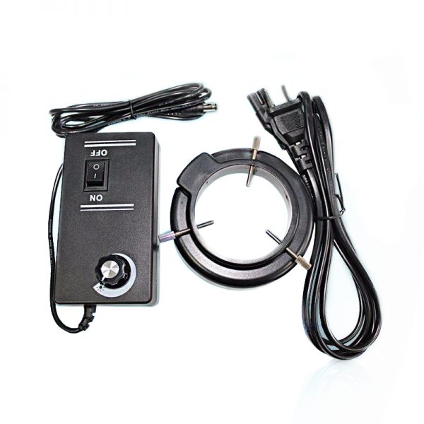 A black 48 LED ring light for micro, disassembled to show the light ring, controller, and power cords