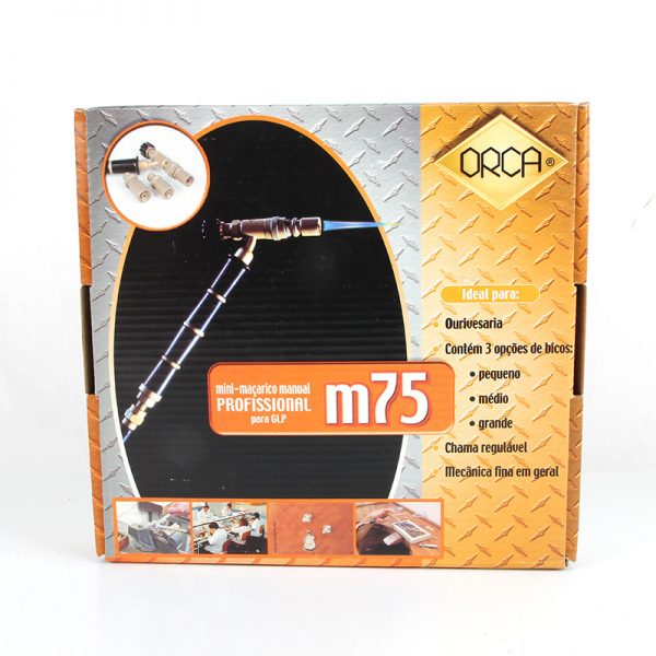 A box for the ORCA M75 CMB mini manual torch for GLP, featuring images of the torch, nozzles, and various applications like goldsmithing