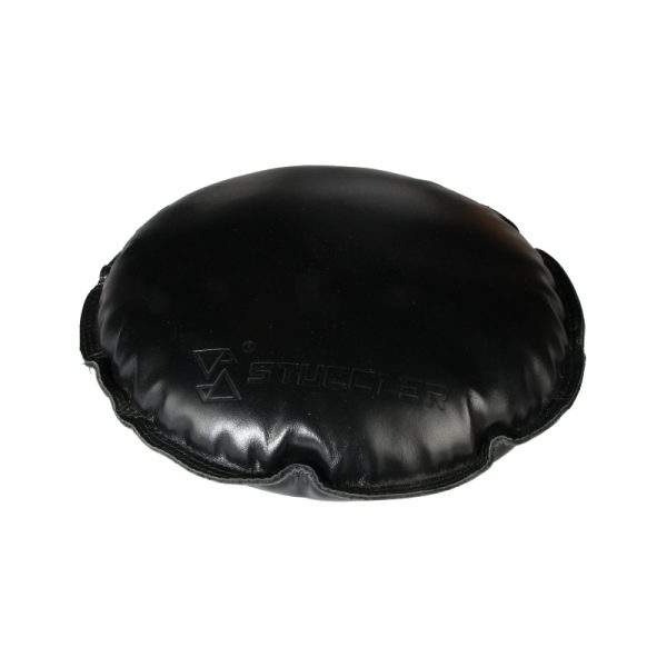 A close-up front view of a single round black jeweler's sandbag