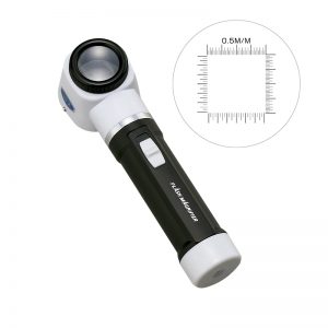 A close-up image of a handheld flash magnifier with a 10x lens, and an overlay showing a 0.5M/M ruler for measurement