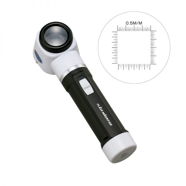 A close-up image of a handheld flash magnifier with a 10x lens, and an overlay showing a 0.5M/M ruler for measurement
