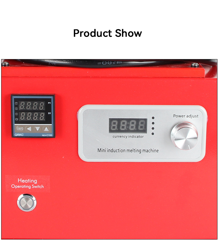A close-up of the mini induction melting machine's control panel, showing the digital displays and power knob