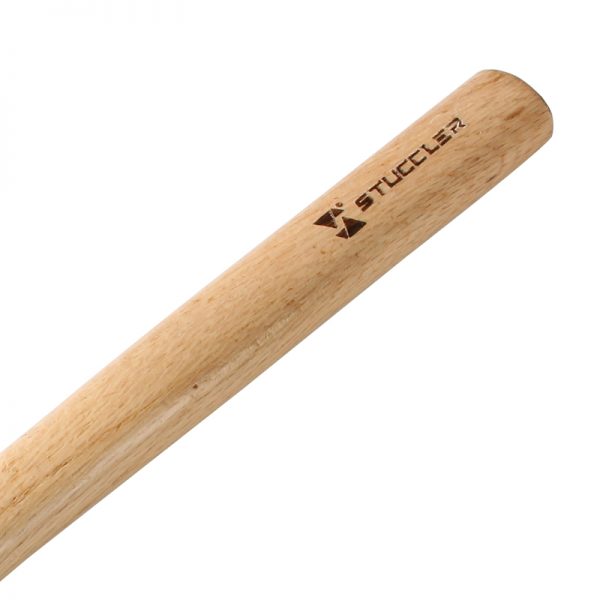 A close-up of the wooden handle of a Stuccler brass mallet, clearly showing the engraved brand name and logo