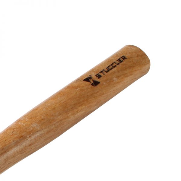 A close-up of the wooden handle of a Stuccler polyurethane hammer, showing the "STUCCLER" logo and brand mark