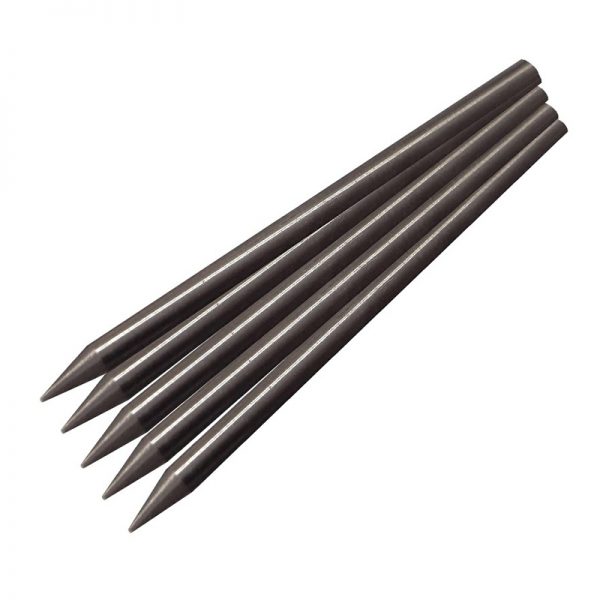 A close-up view of several sharpened 1.5% lanthanated tungsten electrodes used for TIG welding