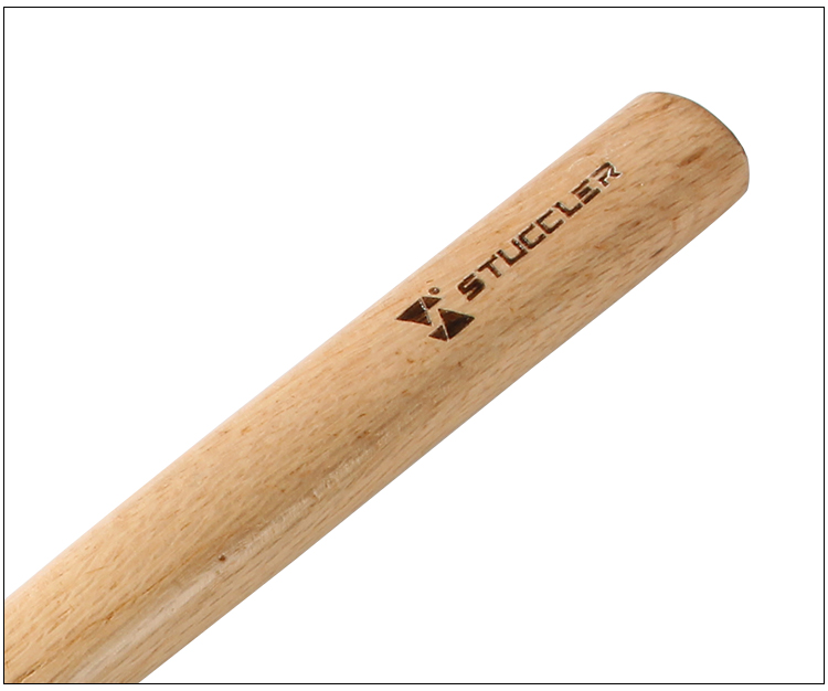 A close-up view of the wooden handle of a Stuccler jeweler's mallet, showing the "STUCCLER" branding