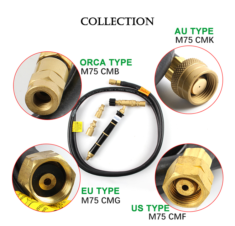A collection of different gas hose fittings for the ORCA torch, showing AU, EU, and US types