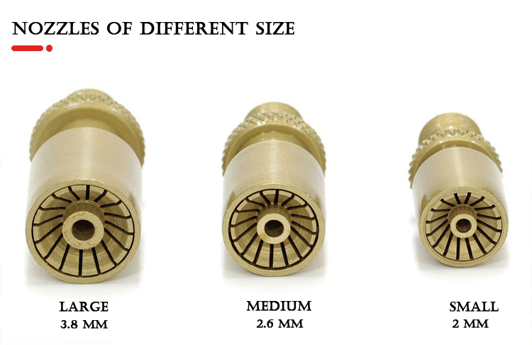 A comparison of three different sized nozzles for the ORCA torch: large (3.8 mm), medium (2.6 mm), and small (2 mm)
