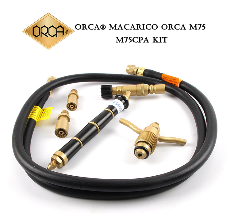 A complete kit of the ORCA M75CPA torch, featuring the torch handle, hose, regulator, and three different nozzle tips