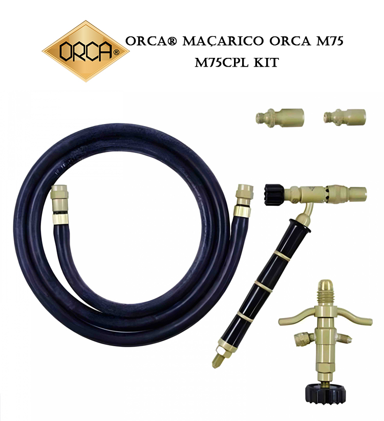 A complete kit view of the ORCA® M75CPL, including the torch, hose, regulator, and three nozzles on a white background