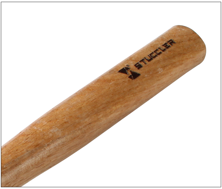 A detailed close-up of the Stuccler polyurethane mallet's wooden handle showing the branded logo