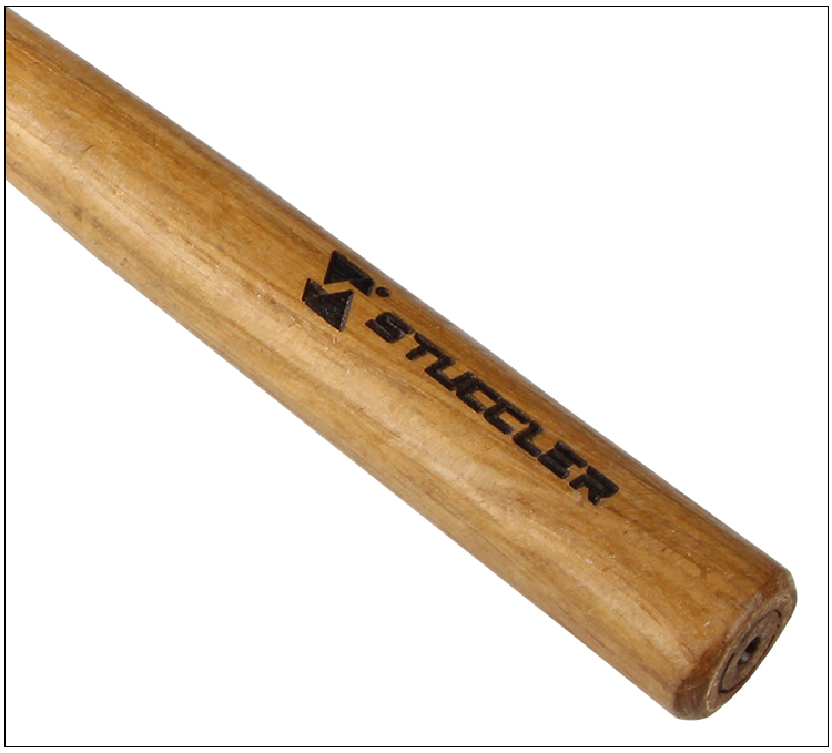 A detailed image of the wooden handle of a Stuccler cowhide mallet, with the brand name clearly visible