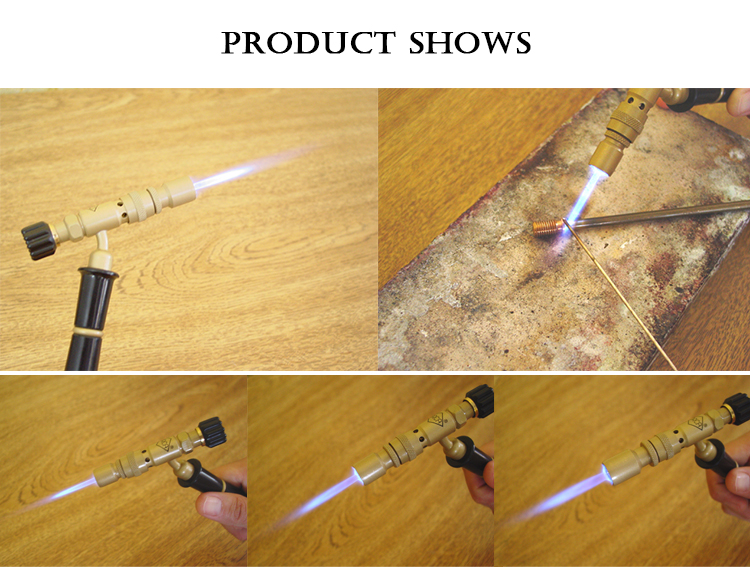 A five-panel image showing the torch in use, with a blue flame, and someone's hand holding and operating the tool