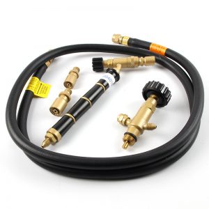 A flat lay of all the components of the ORCA M75 CRD LPG gas jewelry soldering torch kit, showing the complete tool set