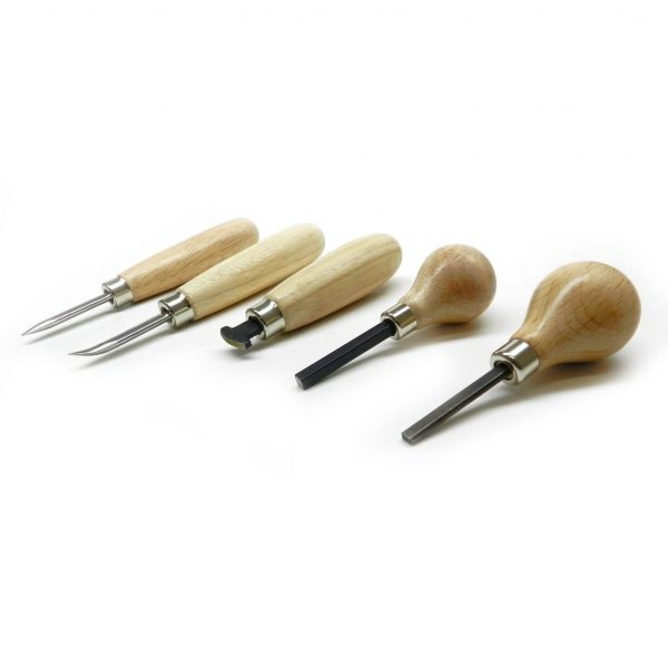 A full set of Stuccler jewelry stone setting tools, including straight/bent burnishers, a prong pusher, and a bezel roller
