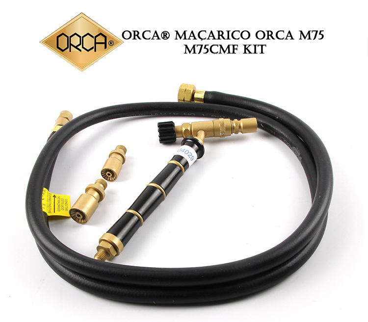 A full view of the ORCA M75 CMF kit with the brand logo, including the torch, two nozzles, and the gas hose