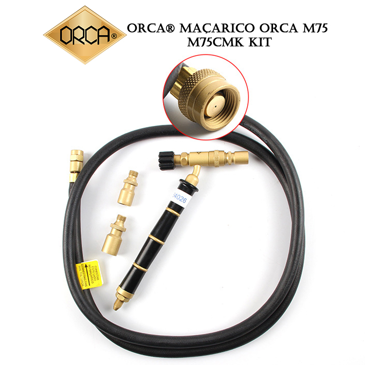 A full view of the ORCA M75CMK kit, including the torch, gas hose, and interchangeable nozzles