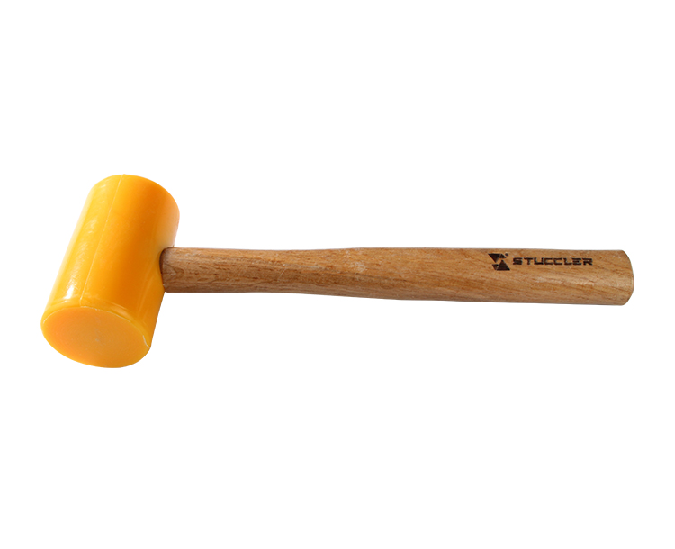 A horizontal view of a Stuccler polyurethane mallet with a yellow head and light wooden handle on a white background