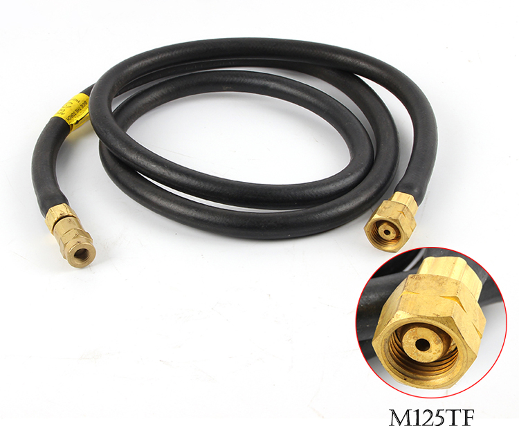 A photo of the ORCA M75 CMF gas hose, with brass fittings and a close-up of one connector