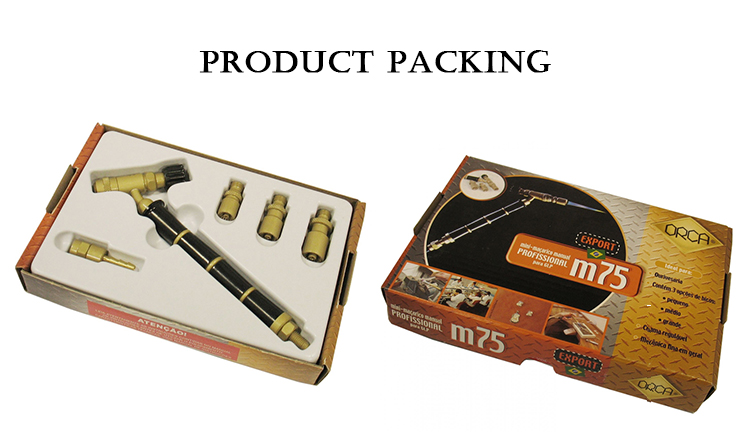 A product packaging image of the ORCA M75 torch kit, showing both the complete kit inside the box and the exterior design