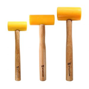 A set of three Stuccler polyurethane mallets in different sizes, from smallest to largest, with wooden handles