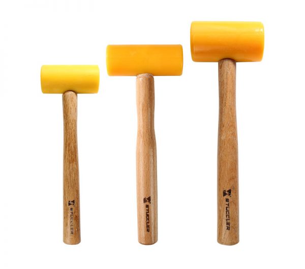 A set of three Stuccler polyurethane mallets in different sizes, from smallest to largest, with wooden handles