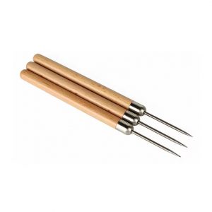 A set of three Stuccler titanium solder picks for jewelry welding, angled view showing wooden handles and sharp tips