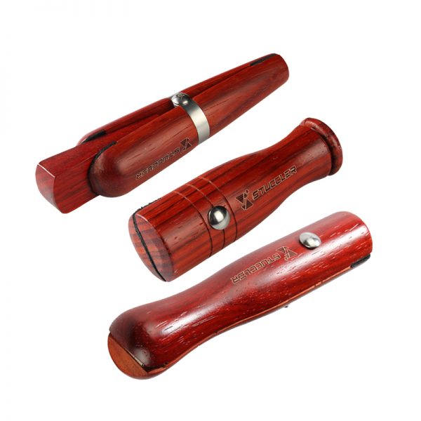 A set of three Stuccler® padauk hardwood ring clamps, showing various angles of the wood grain and metal fittings